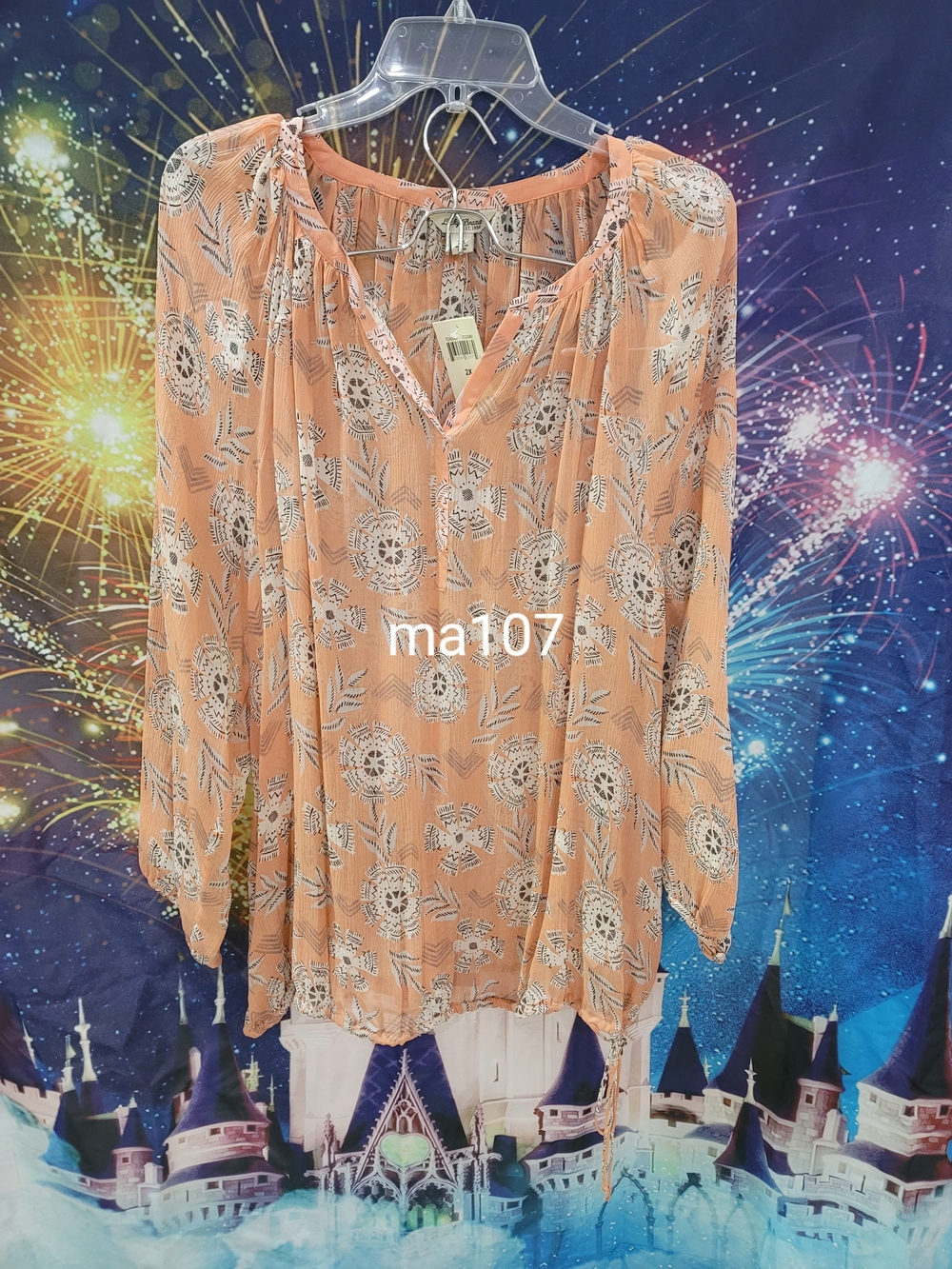 Lucky Brand Peach Floral V-Neck Peasant Blouse